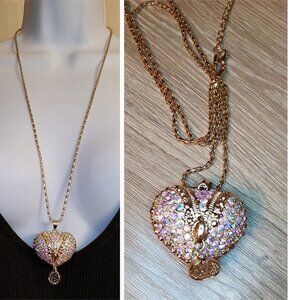 Fun pink sparkling rhinestone puff puffy heart long chain necklace bejeweled.